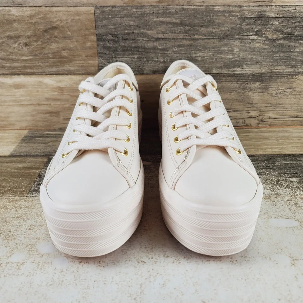 Keds Triple Up Womens Tennis Shoes Sz 8 M White Gold Leather Lace Up Platform